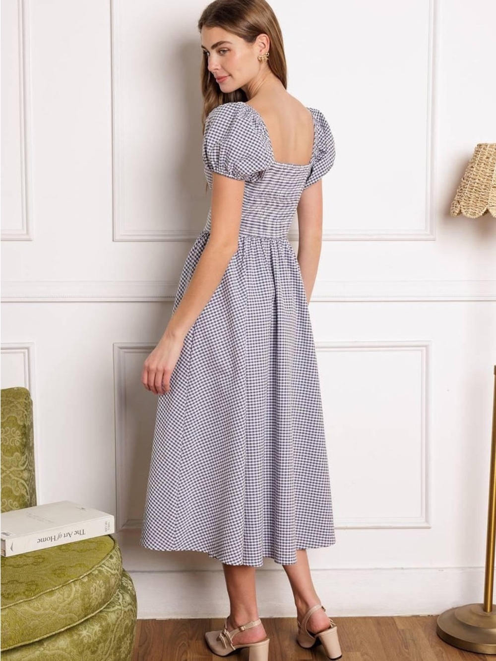 Gingham Puff-Sleeve Long Dress - Picture 2 of 6